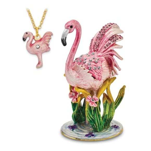 Pink Flamingo Pewter Bejeweled Trinket Box - Picture 1 of 4